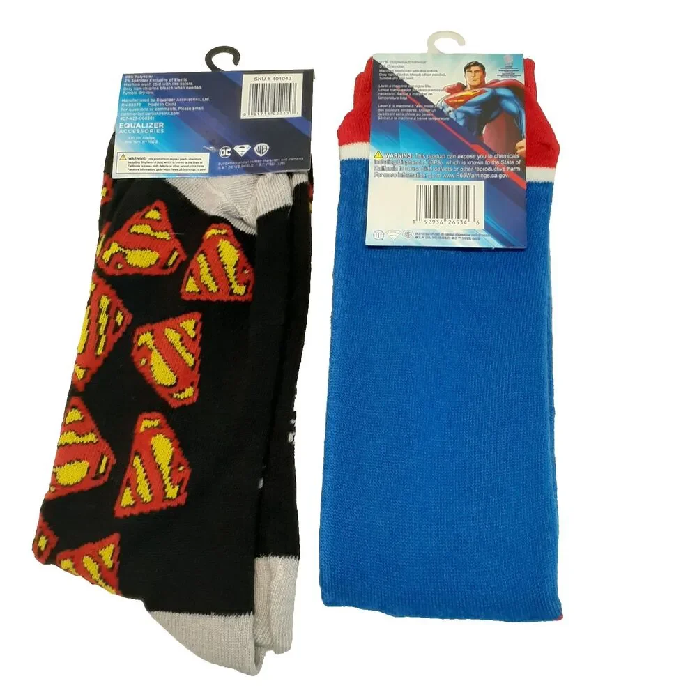 DC Superman Socks Movie Cartoon Comic 2 Pair Adult Men Crew Size 6-12 NWT